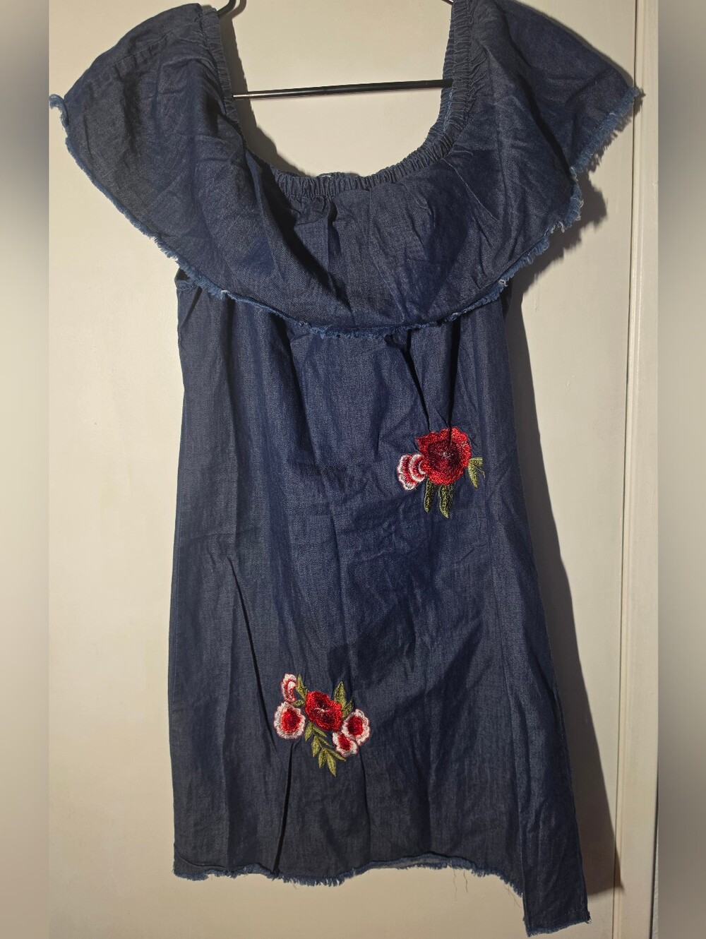 Speed Control Navy Off-Shoulder Dress with Red Floral Embroidery